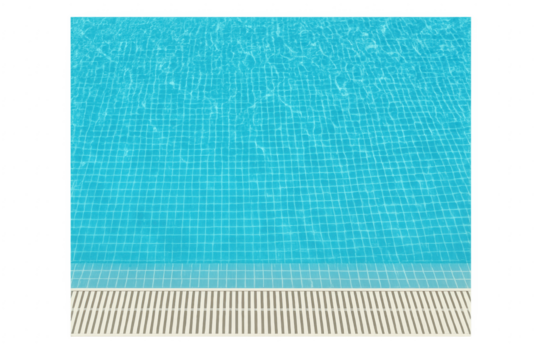Transparent background of clean inviting blue swimming pool water surface with overflow drain grating