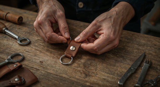Hands crafting a leather keychain with tools on a wooden surface in a workshop setting close up view