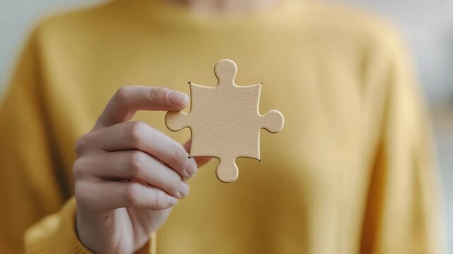 A hand holds a puzzle piece, illustrating the idea of problem-solving. A close-up shot of a person's hand holding a puzzle piece, symbolizing teamwork and solution-oriented thinking.