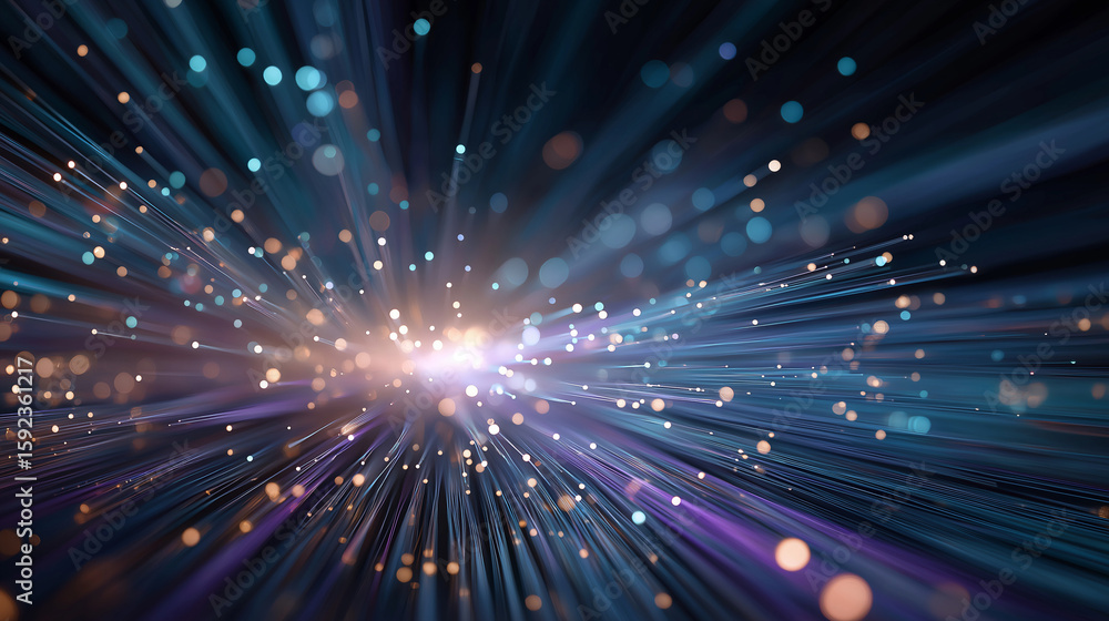 Poster abstract data stream: dynamic, luminous streaks of light explode outward, conveying the rapid flow o