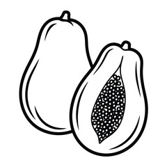 Simple line drawing of a whole and halved papaya