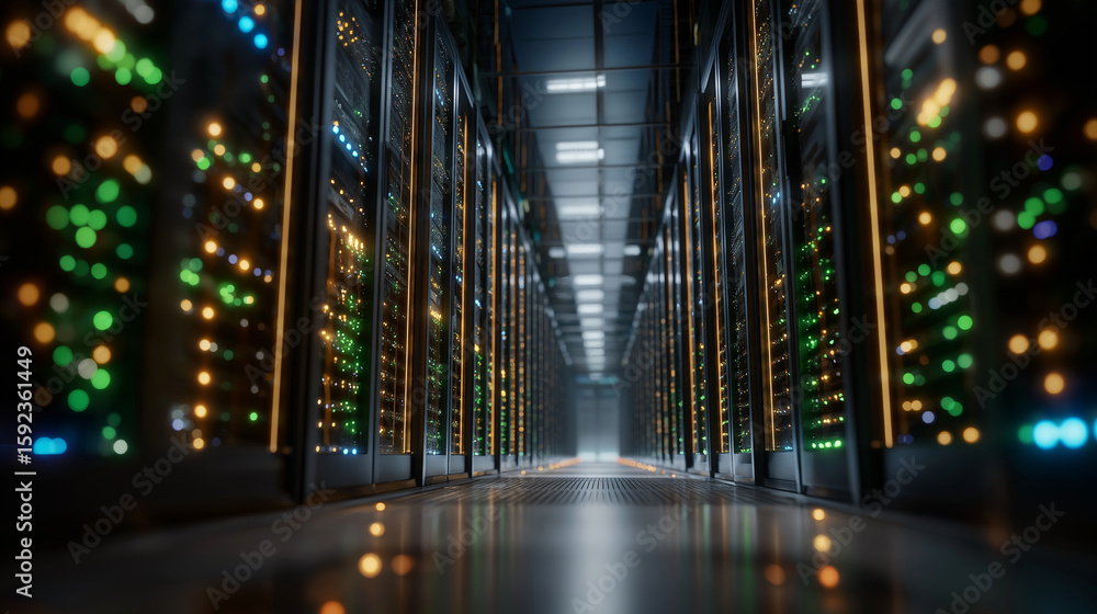 Poster server room corridor: the image showcases a high-tech server room with rows of servers, emitting lig