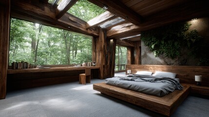 This modern bedroom features dark oak furniture, a cozy low ceiling, and a large window that brings in calming nature views