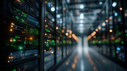 Data Fortress: A panoramic perspective of a modern server room, filled with rows of powerful servers, showcasing the intricate network of data storage and processing