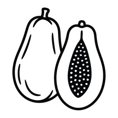 Simple line drawing of a whole and halved papaya