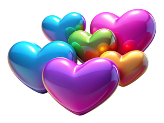 Group of colorful glossy hearts in various shades isolated on transparent background