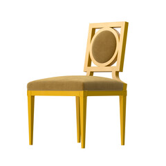 Neoclassic yellow dining chair in perspective view, 3D render isolated on transparent background.