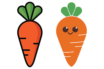 Cute Cartoon Carrot Vector Icons with Smiling Face and Leaf Top Isolated on White background