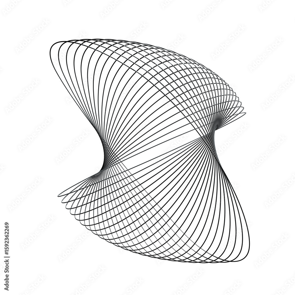 Poster repeating distorted metal linear circular 3d shape isolated. silver chrome wavy line displacement 3d