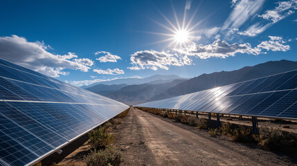 Solar panels amidst the beauty of nature: an amazing view of nature scene, showcasing an array of solar panels with sun, set against a majestic mountain backdrop and vast sky.