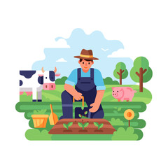 Farmer planting seeds with cow and pig on farm