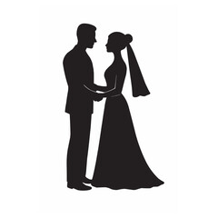 Bride and groom holding hands in silhouette isolated on white background