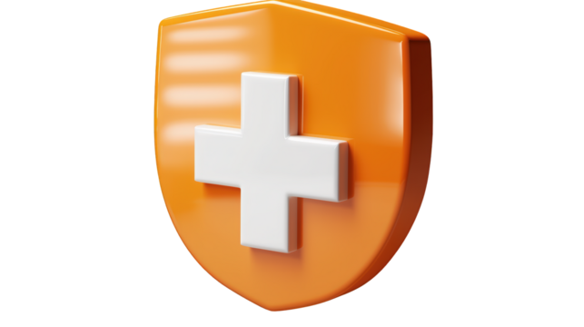 A 3d shield with medical cross. featuring shield, protection, security. This image is ideal for use in various financial contexts.