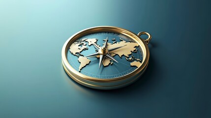 Gold compass with world map, teal background.