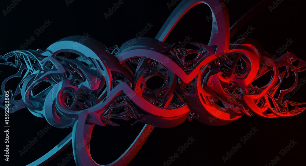 Poster abstract rendering of intertwined shapes with blue and red lighting on a black background