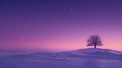 Solitary bare tree on snow covered hill at dusk, with purple starry sky. Winter landscape for nature and meditation concept.