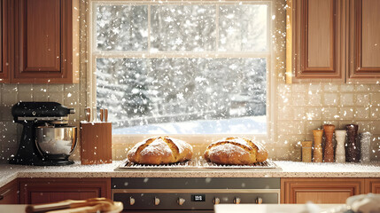 Freshly baked loaves of bread sit on a kitchen counter, in front of a snowy window.  Warm, inviting kitchen scene