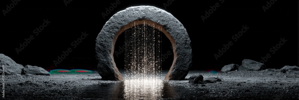 Poster ethereal stone gateway with flowing light and water reflection