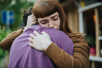 A heartfelt scene featuring two people embracing each other outdoors, conveying emotions of...