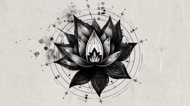 A bold black ink outline with dotwork and grainy blackwork effect of a symmetrical evil lotus flower with lines starburst and stars, Generative AI Videos.