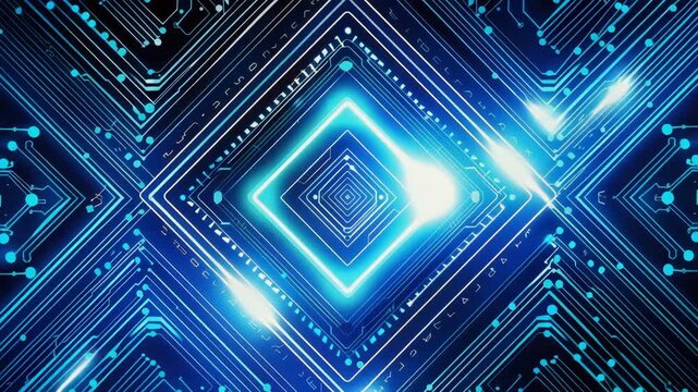 A circuit board pattern with glowing neon lines forming the shape of an isometric square in the center of the composition, Generative AI Videos.