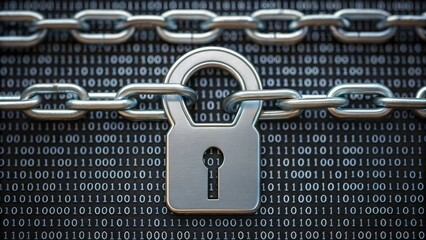 A metallic padlock secures a chain over a background of binary code, symbolizing digital security and data protection.