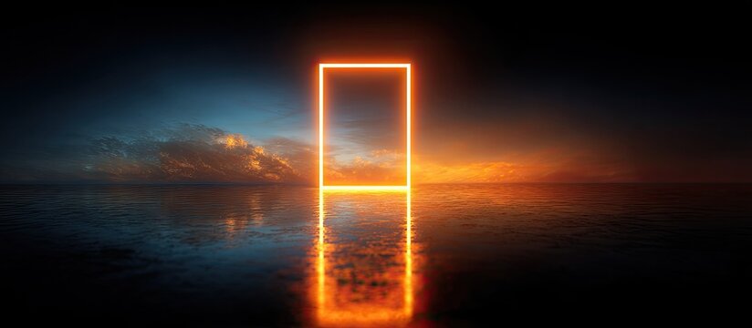 Neon rectangle portal over water at sunset