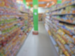 Blurry image of a supermarket aisle with shelves full of products. An abstract retail background for business, shopping, supermarket concepts, or consumer markets.