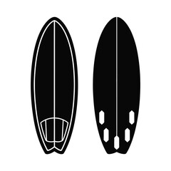 Two black surfboards viewed from top and bottom