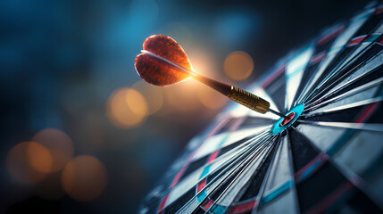An close up of a dartboard where a luminous dart strikes the bullseye with a moody blue background and a soft golden bokeh glow symbolizing sharp focus and achievement. bullseye glare. Illustration
