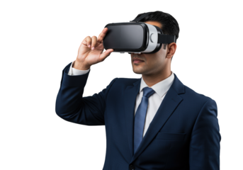 A businessman wearing virtual reality headset. featuring VR, virtual reality, headset. This image is ideal for use in various financial contexts.