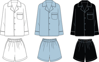 Women&rsquo;s pajama set cad drawing flat vector illustration front view of button shirt and shorts sleepwear fashion flat clothing sketch