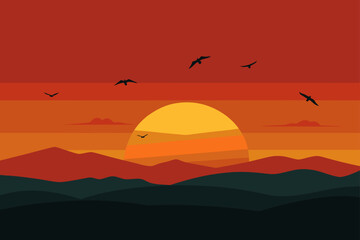 sunset sky with flying birds