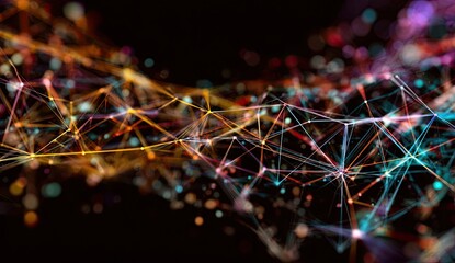 Abstract network of interconnected points and lines, swirling in a vibrant color palette against a dark background