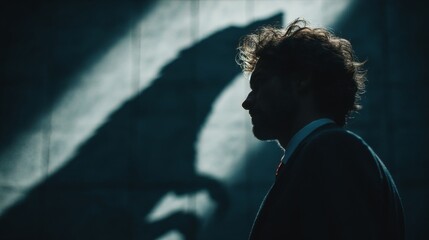 Silhouette of a man in a dark suit with tousled hair, sharp profile against dim-lit background, dramatic shadows, red tie, moody atmosphere, dark blues and grays.