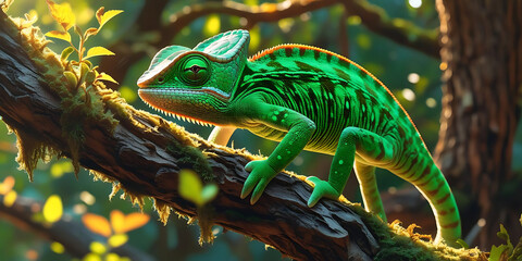 Green Chameleon Crawling on Sunlit Tree Branch in Lush Forest Setting

