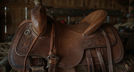 A detailed view of an old brown leather horse saddle with intricate designs in a rustic barn setting