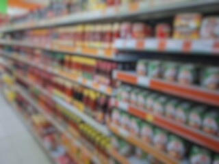 Blurry image of a supermarket aisle with shelves full of products. An abstract retail background...