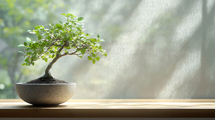 bonsai in clean stone pot on wooden shelf inside minimalist greenhouse, soft diffused light, zen harmony.