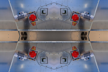 Agricultural machinery and parts of mechanisms on a sunny day. Texture, background for design. 
