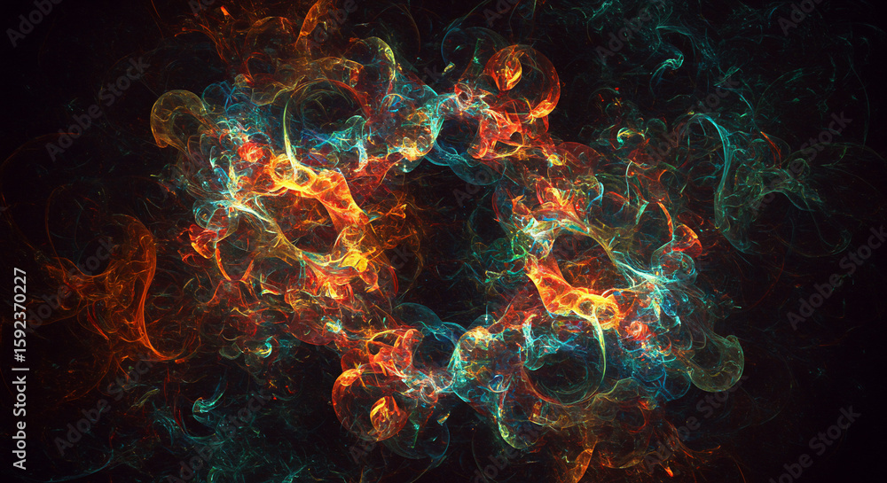 Poster abstract fractal art with orange yellow and teal hues against a dark background creating a nebula ef