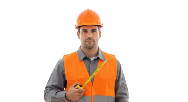 A construction worker with measuring tape. featuring construction, worker, builder. This image is ideal for use in various financial contexts.