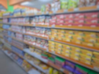 Blurry image of a supermarket aisle with shelves full of products. An abstract retail background...