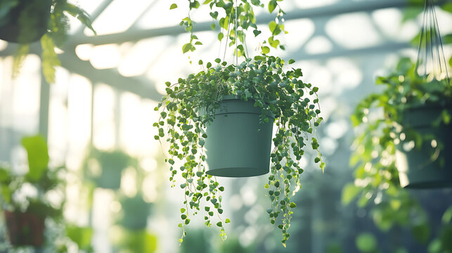 hanging plant pot mockup in greenhouse ceiling, trailing vines cascading down, bright natural light.