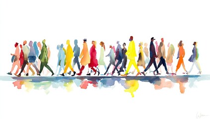 Colorful figures walking in a city street, reflected in the wet pavement