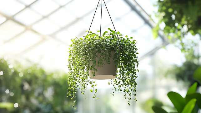 hanging plant pot mockup in greenhouse ceiling, trailing vines cascading down, bright natural light.