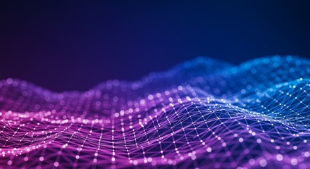 Abstract digital landscape. Glowing network of interconnected dots and lines creates a dynamic, undulating topography with vibrant colors