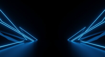 Abstract geometric scene bathed in blue neon lines against a black backdrop. Floor reflects the light creating a futuristic feel