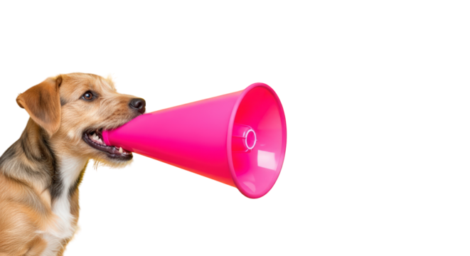 A dog holding pink megaphone announcement concept. featuring dog, animal, pet. This image is ideal for use in various financial contexts.