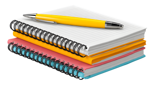 Notepad stack and pen arranged horizontally, clean style, on isolated transparent background